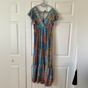 Bigg Bull Silk Maxi Boho Festival Beach Indian Embellished Tassel Dress Small